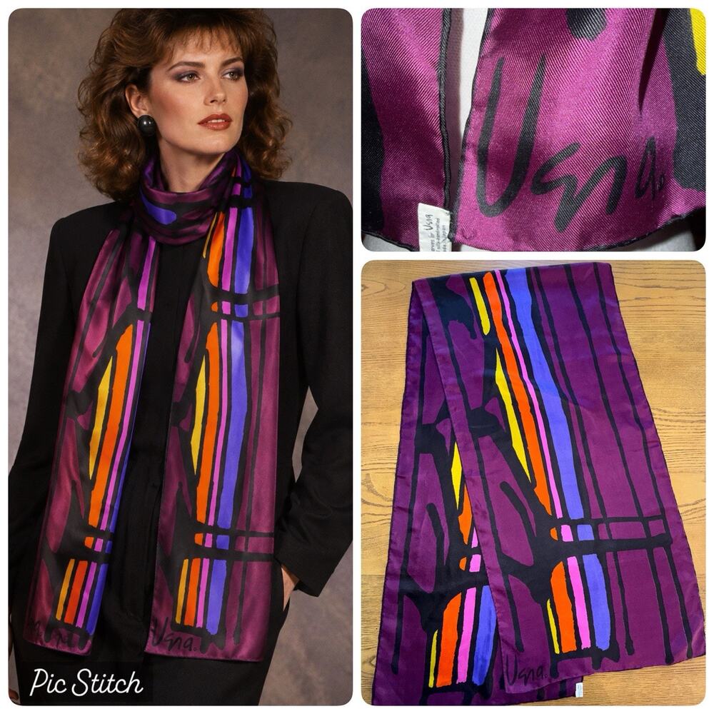 STRIKING Vera Neumann Silk Scarf Long Hand Rolled Japan Signed Abstract 62 X 14